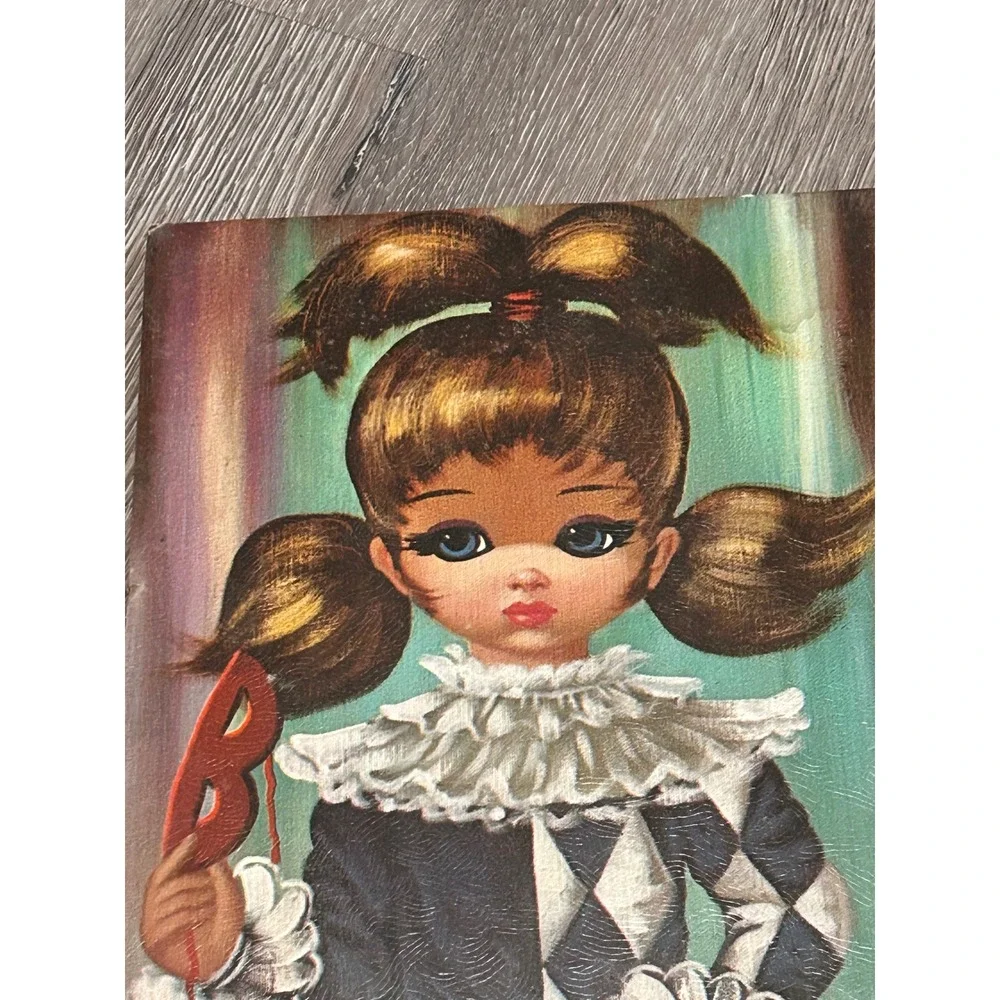 Vintage Eden Big Eye Harlequin Girl Wall Plaque Mid Century Art 20x8 Deadstock